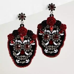 Skull Rose Earrings - Red and Black